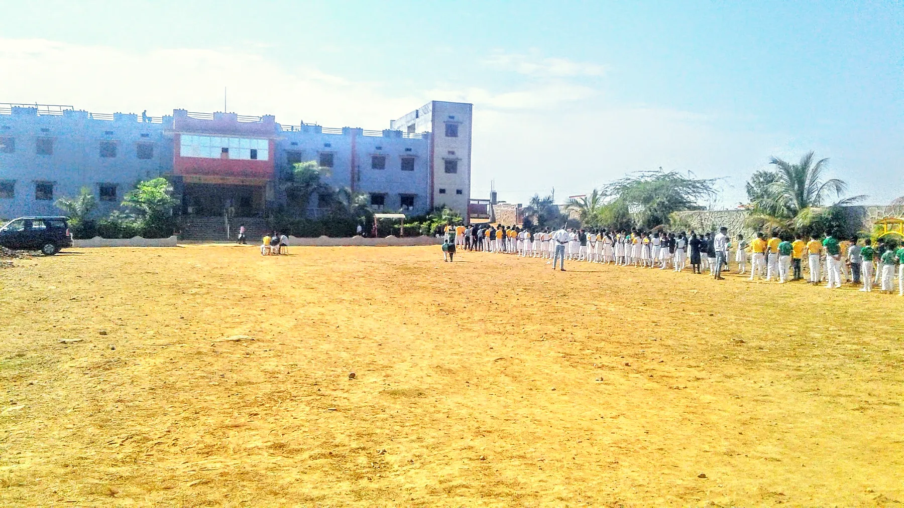 Students lined up in front of the main building